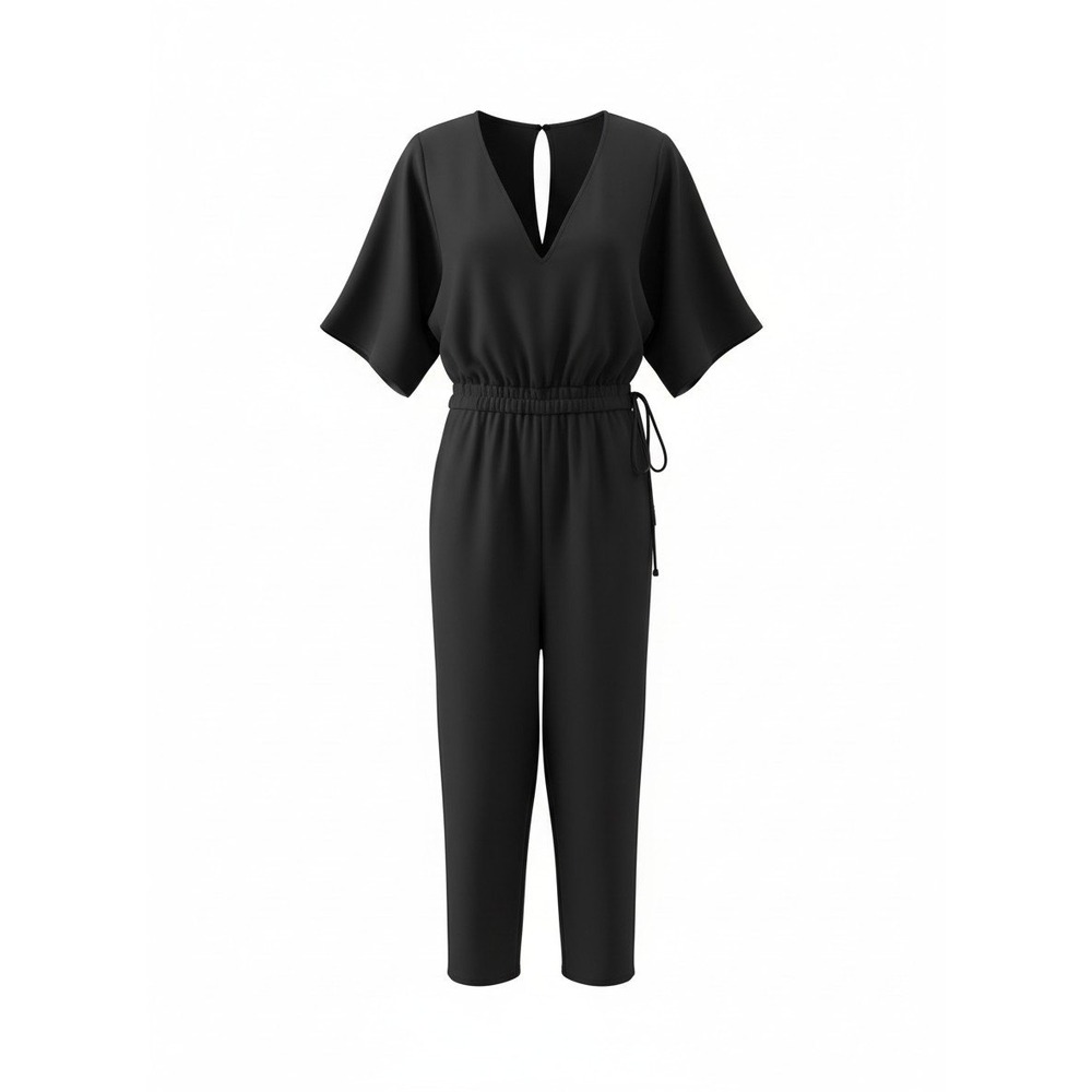 Zara Black Short Sleeve Open Back V-Neck Drawstring Waist Wide Leg Jumpsuit L - Picture 1 of 8